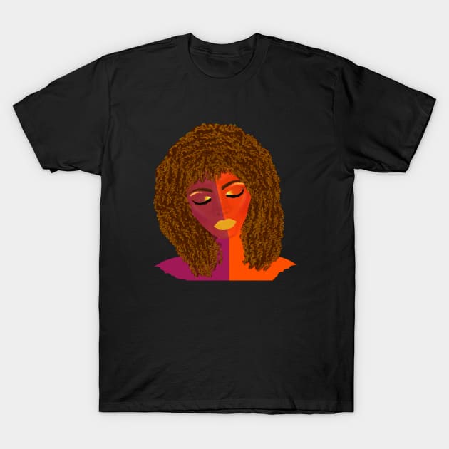 Purple and Orange Woman with Curly Natural Hair (Black Background) T-Shirt by Art By LM Designs 